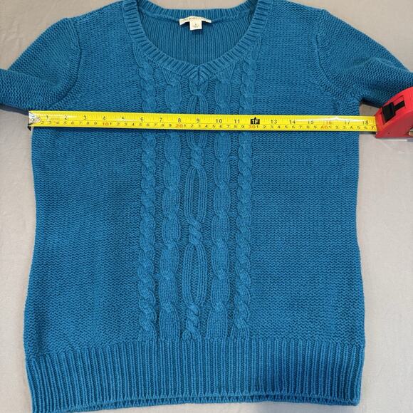 St Johns Bay Size S Teal Blue Cable Knit Womens long Sleeve Sweater V-Neck - Picture 5 of 6